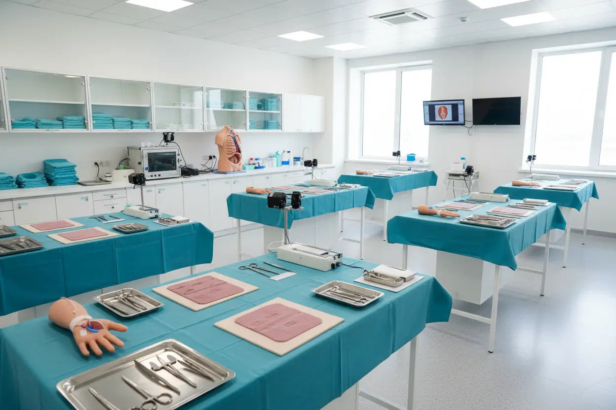 Teal surgical tablecloth with neatly arranged medical instruments and anatomical models for skills lab setup.