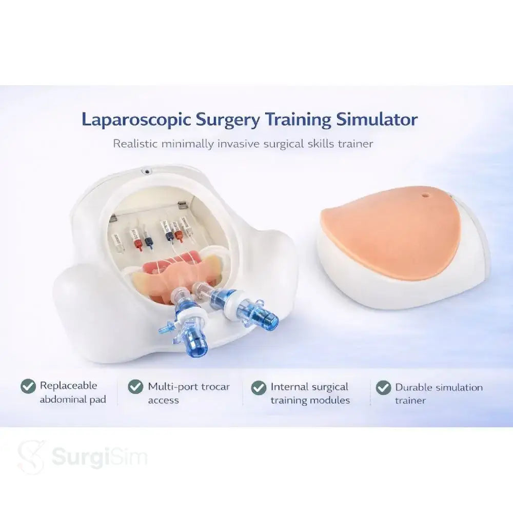 White plastic abdominal laparoscopic surgery simulator with peach abdominal pad and blue ports for advanced minimally invasive training