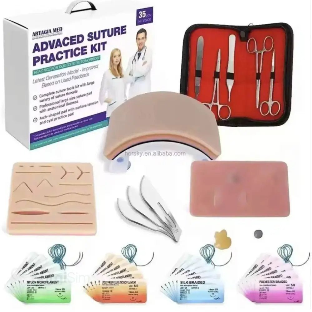 Advanced suturing practice kit with stainless steel instruments
