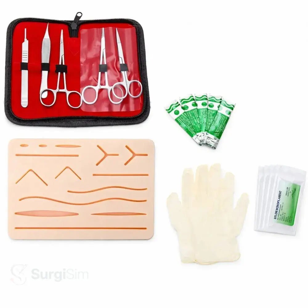 Professional surgical suturing practice kit with instruments